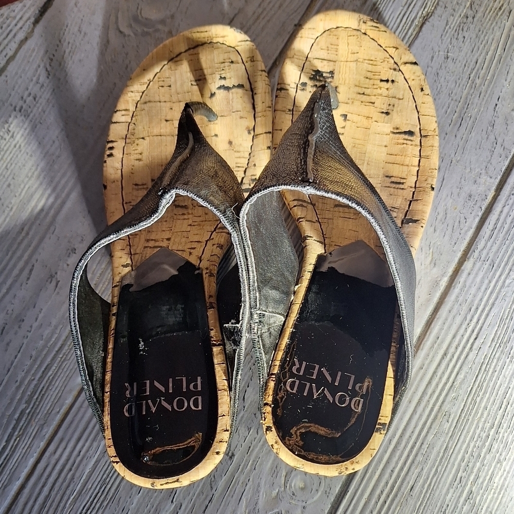 Donald J. Pliner Cork Metallic Black/Tan Leather Upper Malone Wedge Sandals 9 - Picture 7 of 13
